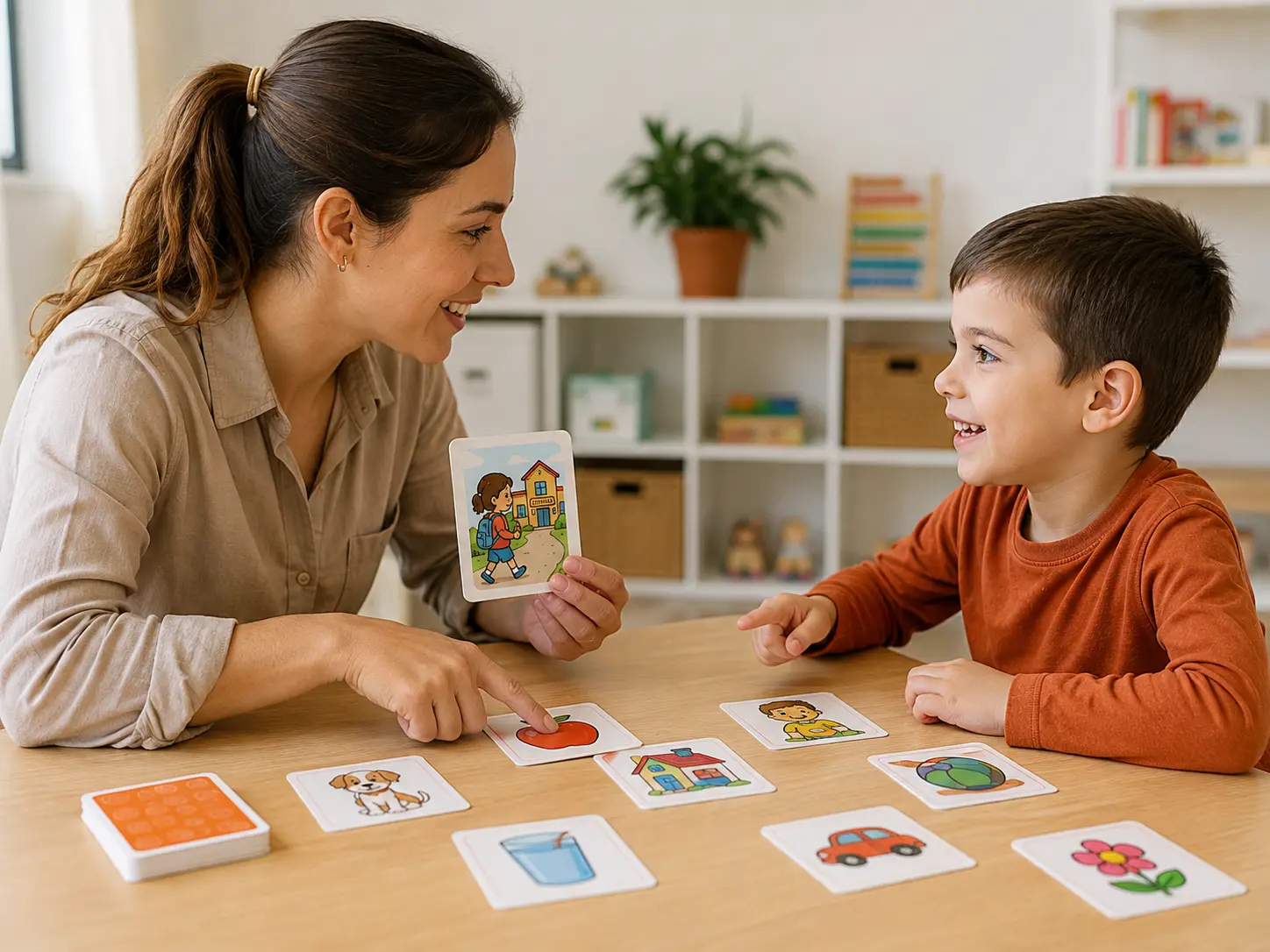 Docente usando cartas de interpretación con un niño